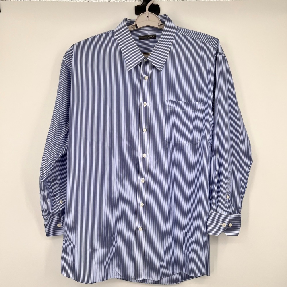 Damon Mens Blue White Striped Easy Care Dress Shirt 19 34/35 Long Sleeve
